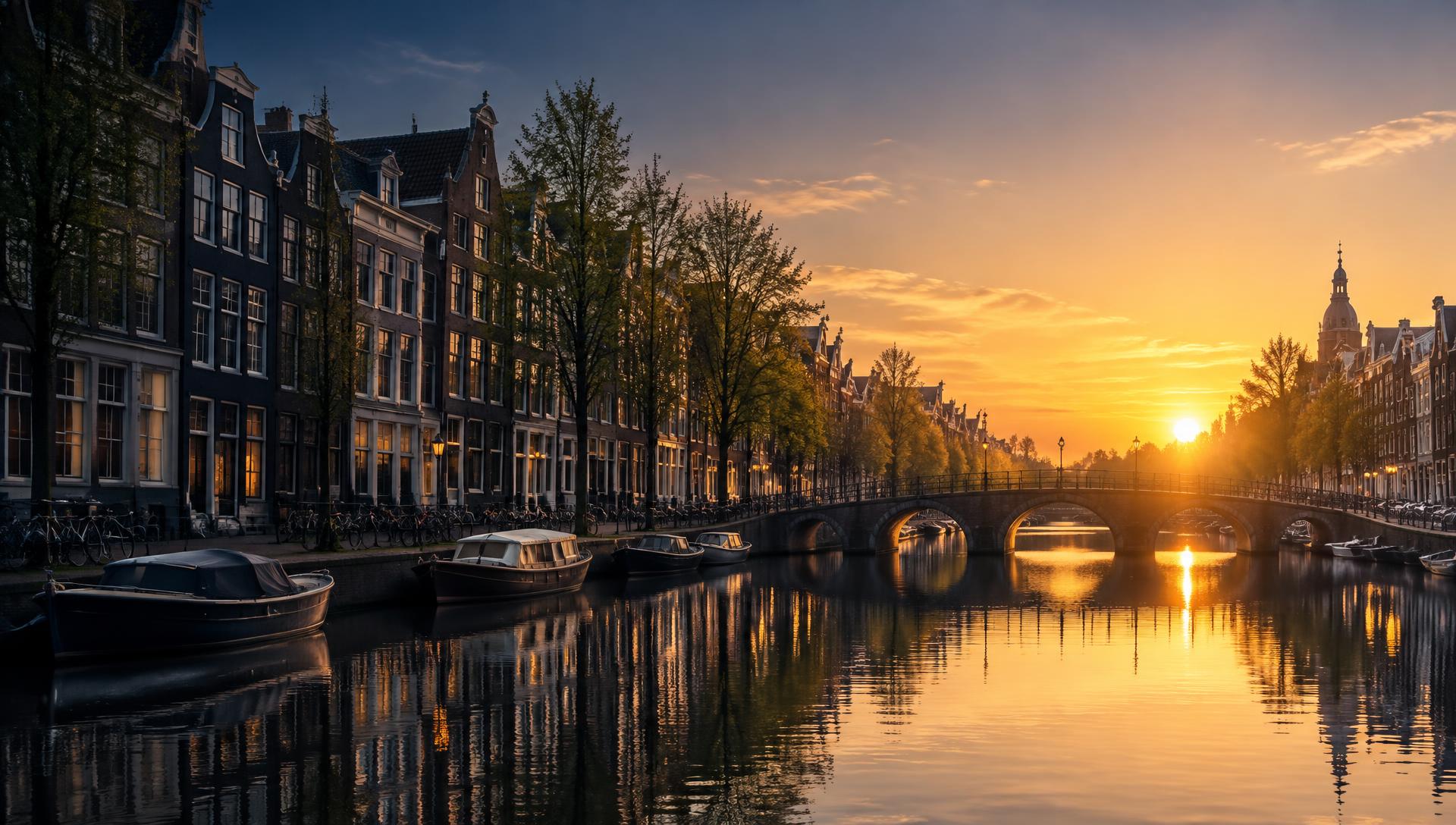 Zonsopgang boven de Amsterdamse grachten en een historische brug
