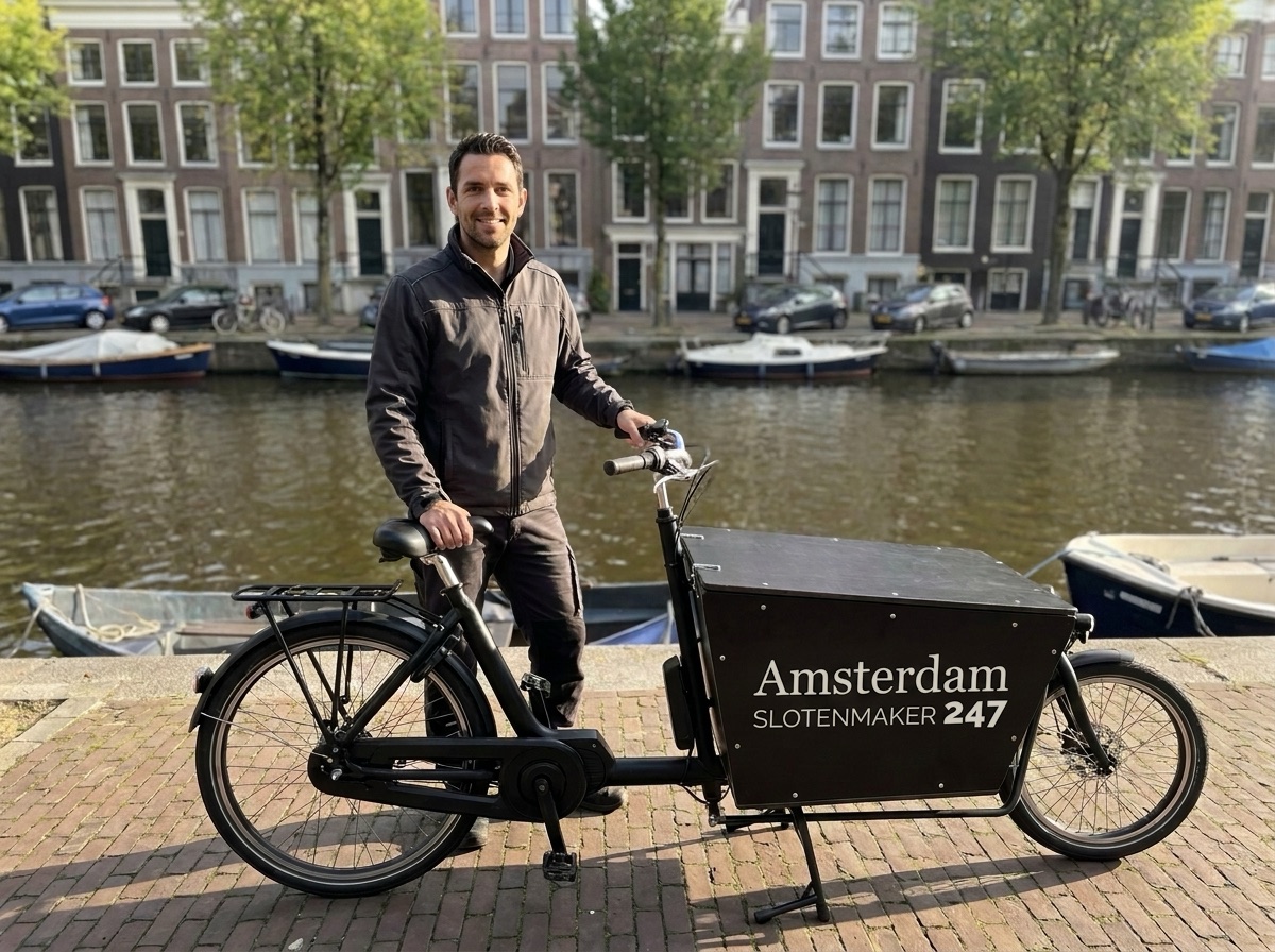 Onze slotenmaker met zijn bakfiets aan de Amsterdamse gracht