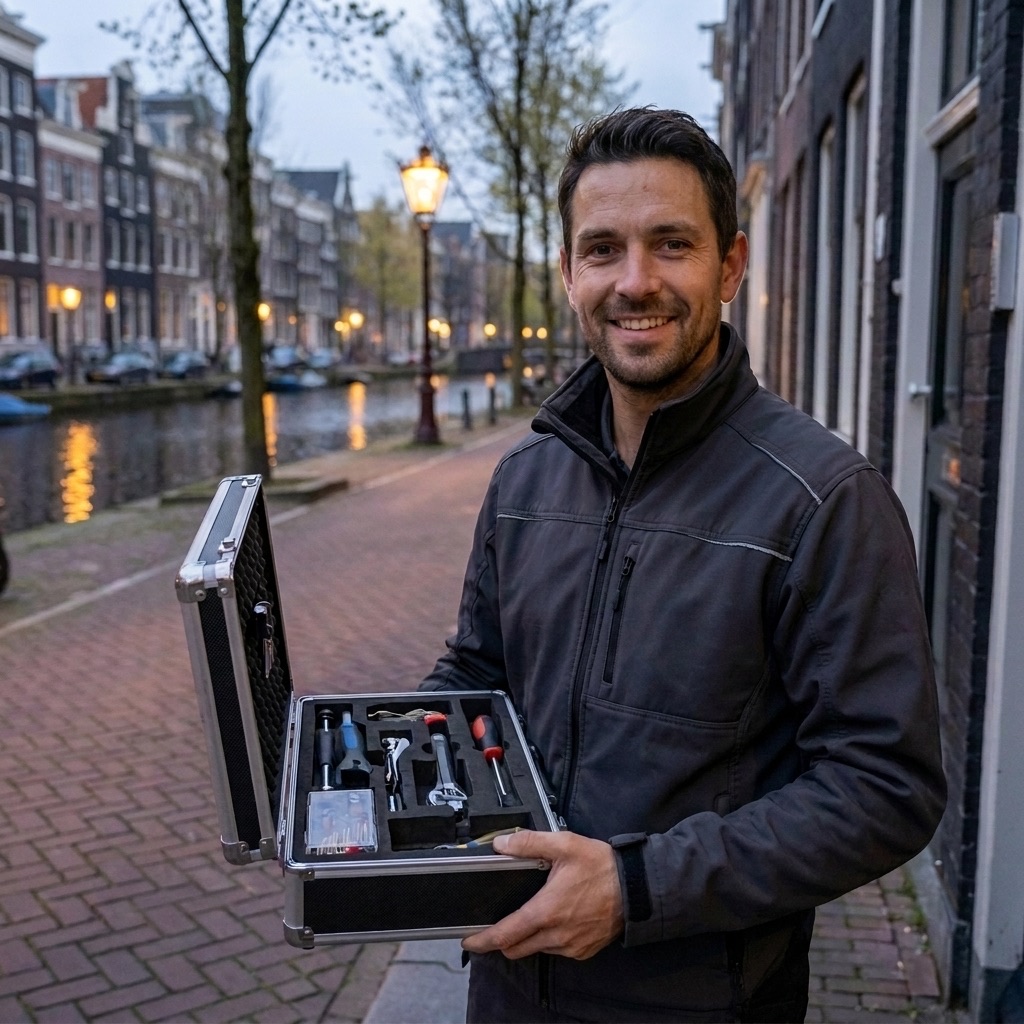 Onze slotenmaker met zijn gereedschapskoffer aan de gracht