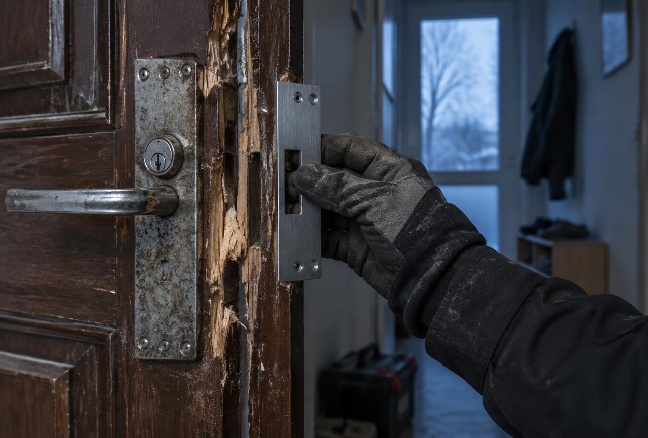 Versplinterd deurkozijn na inbraak met een nieuwe sluitplaat